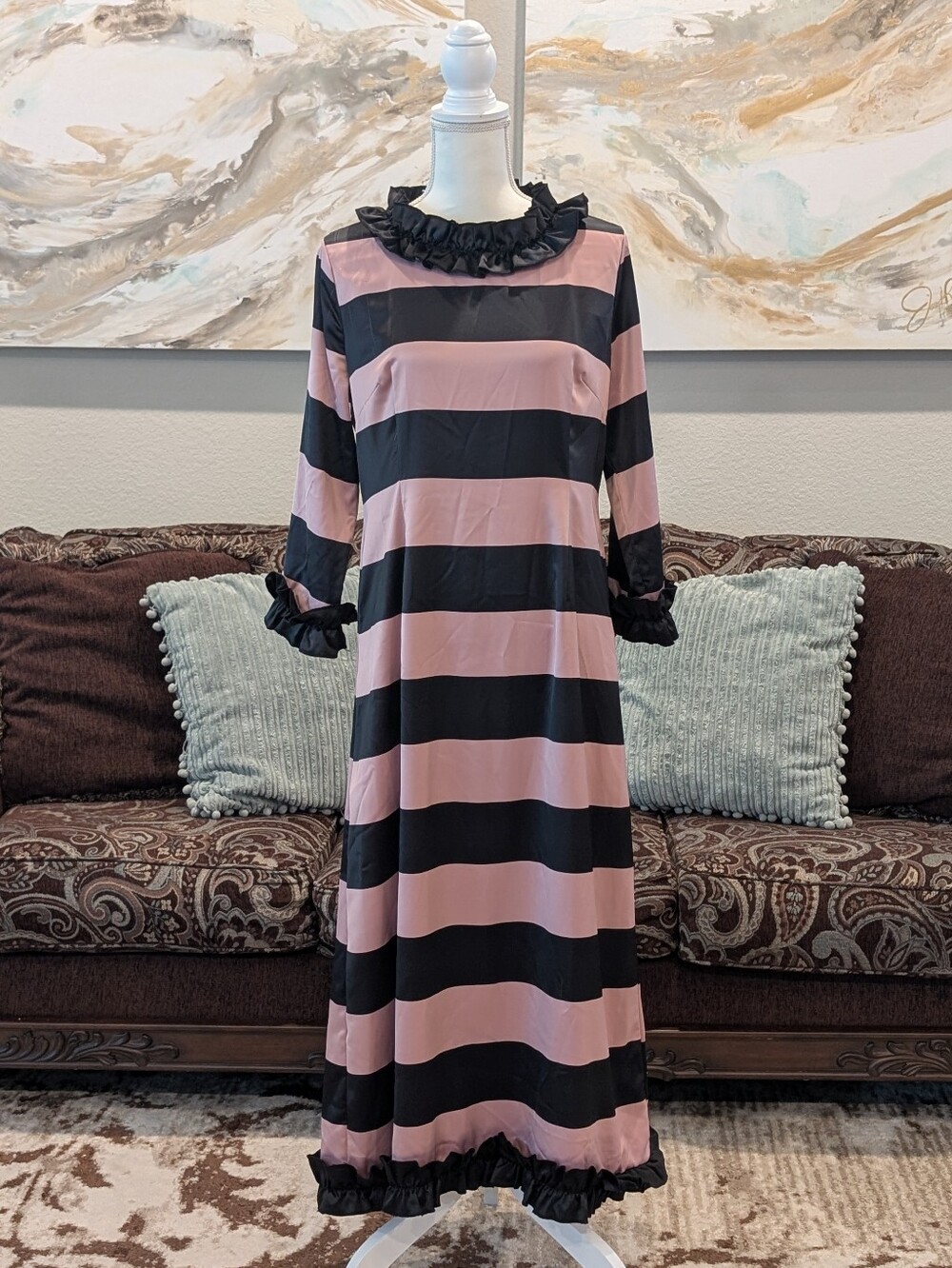 Dainty Jewells Striped Ruffle-Trim Maxi Dress in Pink and Black